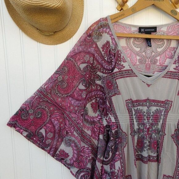 Y2K Mesh Batwing Sleeve Top Size M Pink Paisley Print Embellished Vintage Womens - Picture 2 of 9